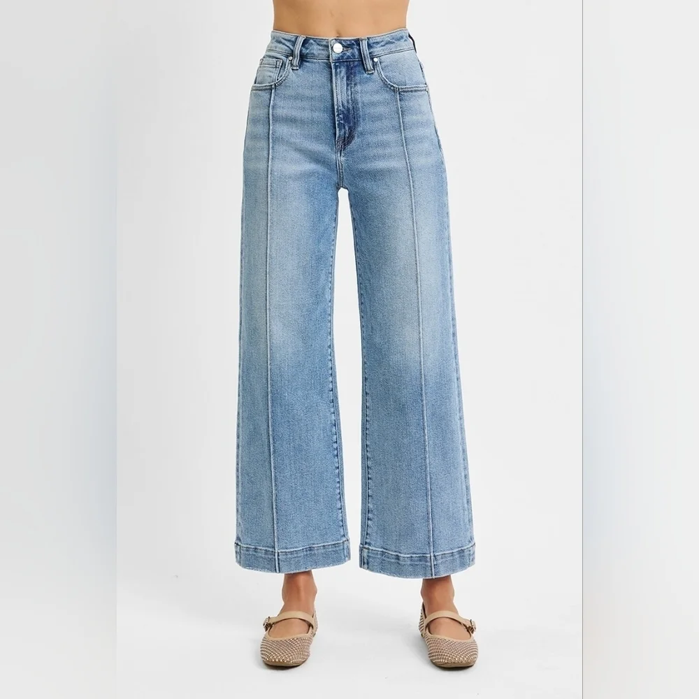 RISEN HR Light Wash Wide Leg Cropped Front Seam Trouser Hem Jeans Various NEW - Picture 6 of 6